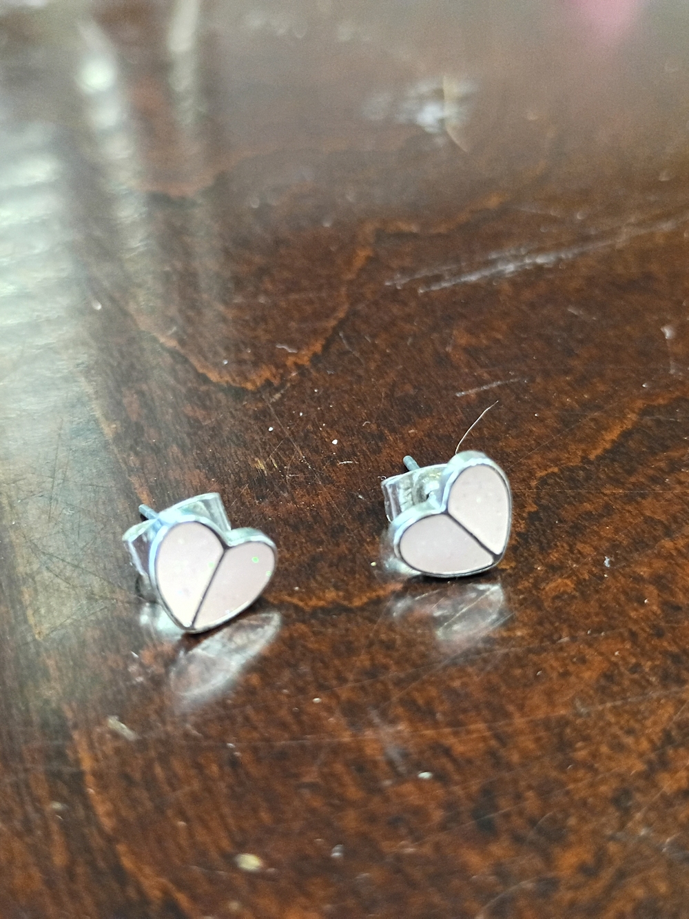 Silver Heart Outline Pink Inlay Stud Earrings